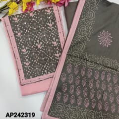 CODE AP242319 : Pastel pink mixed cotton unstitched salwar material, block printed yoke patch with real & faux mirror work(lining needed)Grey cotton bottom, block printed pure cotton dupatta with tapings.