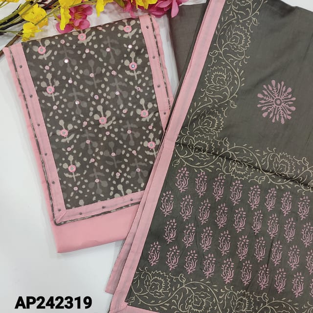 CODE AP242319 : Pastel pink mixed cotton unstitched salwar material, block printed yoke patch with real & faux mirror work(lining needed)Grey cotton bottom, block printed pure cotton dupatta with tapings.