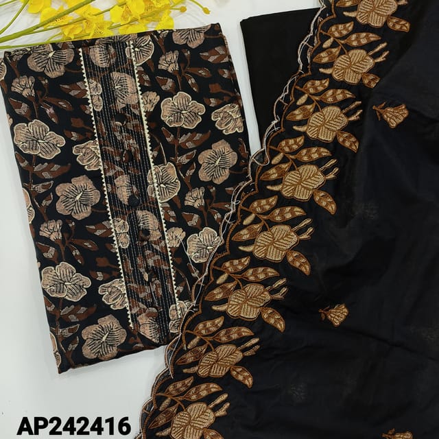 CODE AP242416 : Black jam cotton unstitched salwar material, yoke with thread & fancy buttons, floral printed all over(lining optional)kota lace work on daman, matching spun cotton bottom, soft silk cotton dupatta with embroidered & cut work edges.