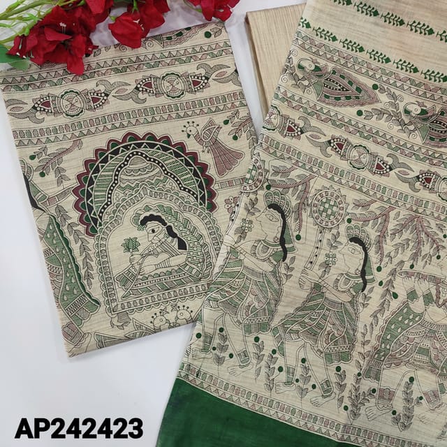 CODE AP242423 : Beige base bagalpuri jute silk cotton unstitched salwar material, madhubani printed all over(lining optional)beige textured bottom, jute silk cotton madhubani printed dupatta with dark green pallu(REQUIRED TAPINGS).