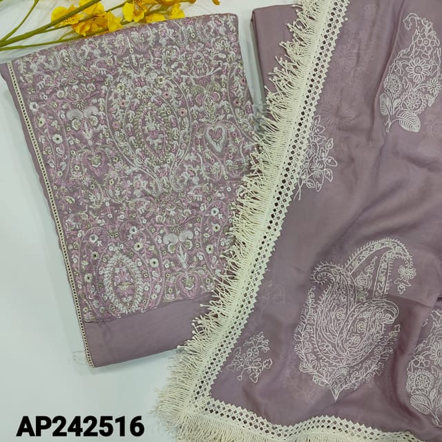 CODE AP242516 : Designer mauve soft premium silk cotton unstitched salwar material, heavy work on yoke, fancy lace tassels on daman(silky, lining needed)matching santoon bottom, pure organza dupatta with heavy embroidery & fancy tasseled tapings.