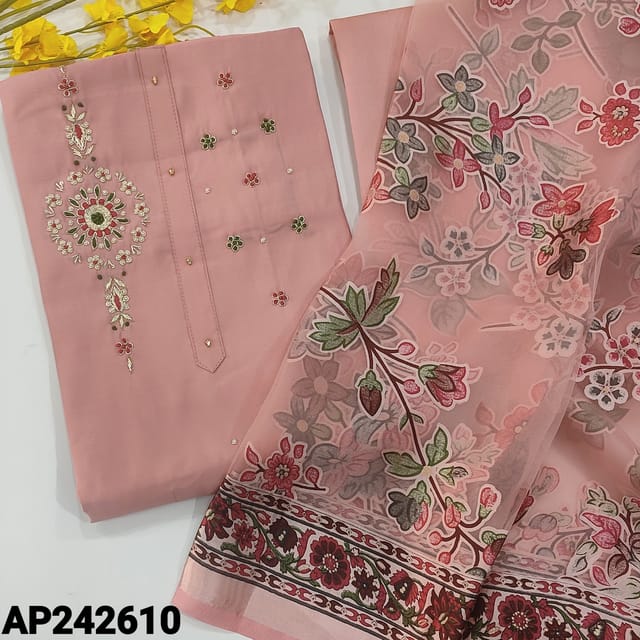 CODE  AP242610: Designer Pastel Pink soft silk cotton unstitched salwar material, sequins,bead,zardosi work on yoke, matching soft silk cotton bottom, brasso organza designer dupatta