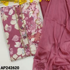 CODE AP242620 : Pink Floral Printed fancy slub cotton unstitched salwar material, simple yoke (soft fabric ,lining optional) thin spun cotton bottom, Plain chiffon dupatta(requires tapings)