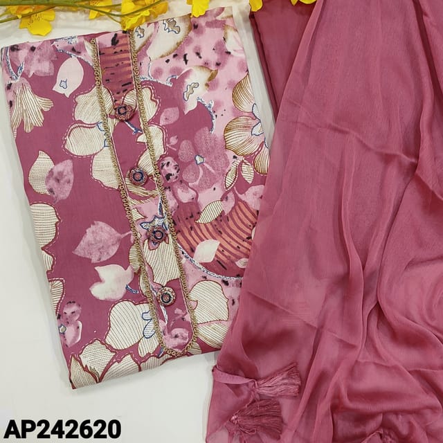 CODE AP242620 : Pink Floral Printed fancy slub cotton unstitched salwar material, simple yoke (soft fabric ,lining optional) thin spun cotton bottom, Plain chiffon dupatta(requires tapings)