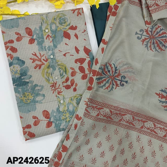 CODE AP242625: Light Grey Base Printed kantha cotton unstitched Salwar material(soft fabric, lining optional) simple yoke, Teal Blue Cotton Bottom, block printed chiffon dupatta