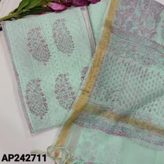 CODE AP242711 :  Pastel blue premium mul cotton panel schiffli embroidered and hand block printed unstitched salwar material(lining needed)printed mul cotton bottom,pure kota block printed dupatta with borders.