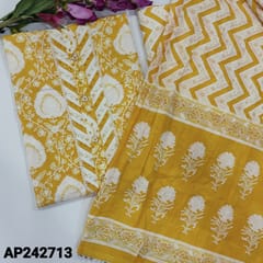 CODE AP242713 : Mango yellow floral printed pure cotton unstitched salwar material, thread,sugar beads and fancy buttons(lining needed)zig zag printed cotton bottom,printed crinkled cotton bottom.