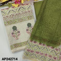 CODE AP242714 : Half white base schiffli embroidered cotton unstitched salwar material all over, block printed (thin,lining needed)embroidery on daman,mossy green cotton bottom,kota cotton block printed dupatta(TAPINGS NEEDED).