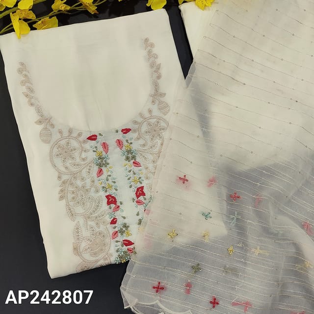 CODE AP242807 : Half white premium silk cotton unstitched salwar material, rich work on yoke(thin, lining needed)matching santoon bottom, organza dupatta with thread, sequins & cut work edges.