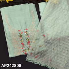 CODE AP242808 : Pastel blue premium silk cotton unstitched salwar material, rich work on yoke(thin, lining needed)matching santoon bottom, organza dupatta with thread, sequins & cut work edges.