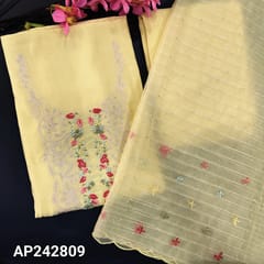 CODE AP242809 : Pastel yellow premium silk cotton unstitched salwar material, rich work on yoke(thin, lining needed)matching santoon bottom, organza dupatta with thread, sequins & cut work edges.