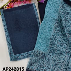 CODE AP242815 : Light blue kota cotton unstitched salwar material,contrast yoke patch,heavy thread work on front(netted fabric,lining needed)block printed all over,dark blue silk cotton bottom, block printed soft kota cotton dupatta with fancy tassels.