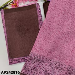 CODE AP242816 : Baby pink kota cotton unstitched salwar material,contrast yoke patch,heavy thread work on front(netted fabric,lining needed)block printed all over,dark brown silk cotton bottom, block printed soft kota cotton dupatta with fancy tassels.
