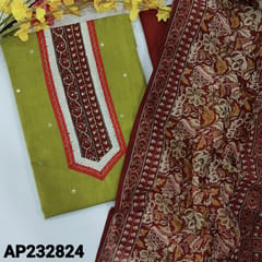 CODE AP242824 : Bright green premium south cotton unstitched salwar material, Yoke patch with foil &sequins work, faux mirror work on front(lining optional)light brown cotton bottom, printed pure cotton dupatta with tapings.