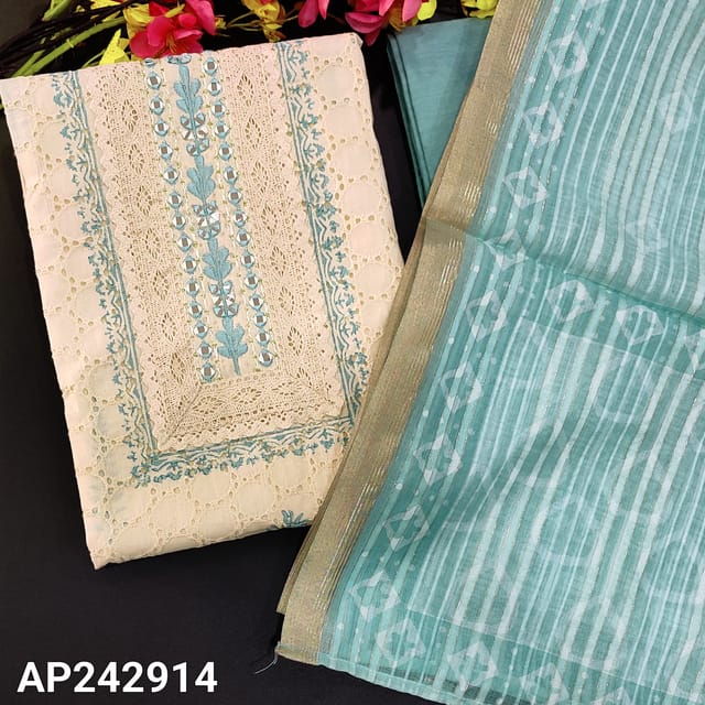 CODE AP242914 : Light beige schiffli embroidered cotton unstitched salwar material, real mirror, crochet lace work on yoke, block printed all over(thin, lining needed)light blue pure drum dyed cotton bottom, semi linen dupatta with gold tissue borders.