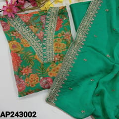 CODE AP243002 : Designer turquoise green pure organza unstitched salwar material, V neck with heavy zari, sequins &cut work, floral printed all over(thin, lining needed)matching santoon bottom, pure organza dupatta with rich zari & sequins borders.