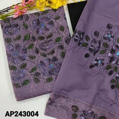 CODE AP243004 : Light purple kota fabric unstitched salwar material, brush painted on yoke, thread& cut work all over(netted, lining needed)black cotton bottom, brush painted kota fabric dupatta with broad tapings.