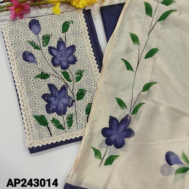 CODE AP243014 : Navy blue pure soft cotton unstitched salwar material, shiffli &brush paint work on yoke, kantha stitch all over(lining optional)lace work on daman, matching cotton bottom, brush painted soft silk cotton dupatta with tapings.