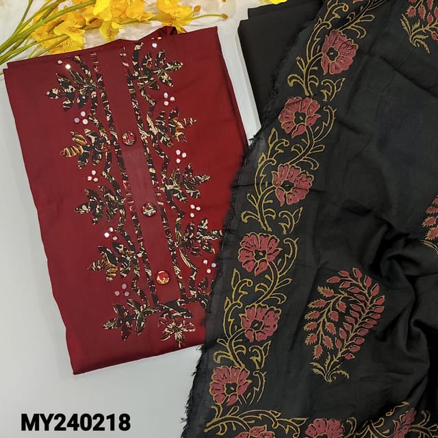 CODE MY240218 : Maroon cotton unstitched salwar material, kalamkari applique work on yoke with faux mirror, applique work on front(lining optional)black cotton bottom, block printed soft silk cotton dupatta (REQUIRED TAPINGS).
