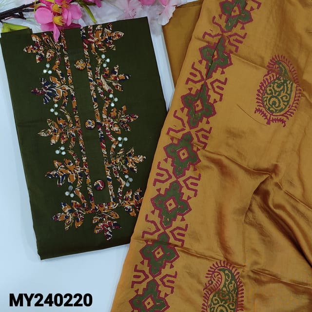 CODE MY240220 : Olive green cotton unstitched salwar material, kalamkari applique work on yoke with faux mirror, applique work on front(lining optional)Mehandhi yellow cotton bottom, block printed soft silk cotton dupatta (REQUIRED TAPINGS).