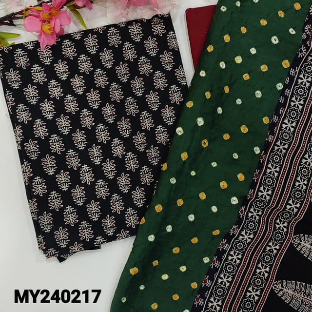 CODE MY240217 : Black cotton unstitched salwar material, ajrak block printed all over(lining optional)maroon pure soft cotton bottom, bandhini&ajrak printed dupatta with hand made tassels.