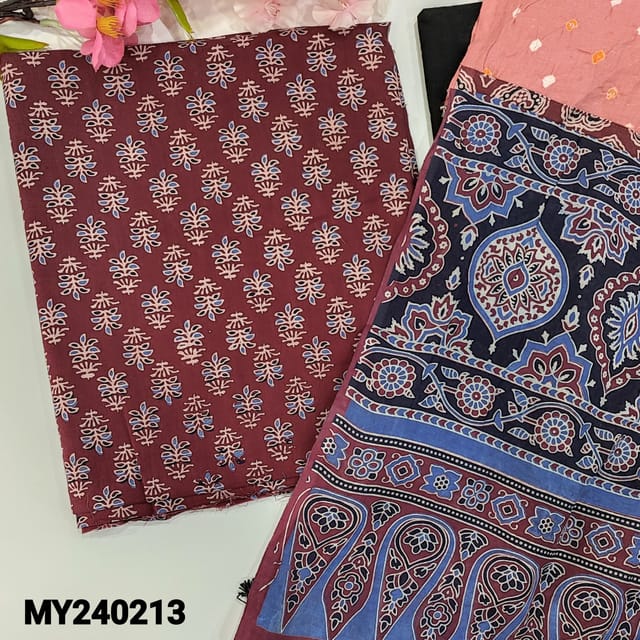 CODE MY240213 : Maroon cotton unstitched salwar material, ajrak block printed all over(lining optional)black pure soft cotton bottom, bandhini&ajrak printed dupatta with hand made tassels.