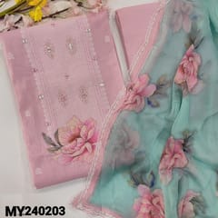 CODE MY240203 : Designer Pastel pink handloom cotton unstitched salwar material, jamdani weaving pattern with real mirror work on yoke(soft, lining needed)rich daman,matching santoon bottom, floral printed pure chiffon dupatta with lace tapings.