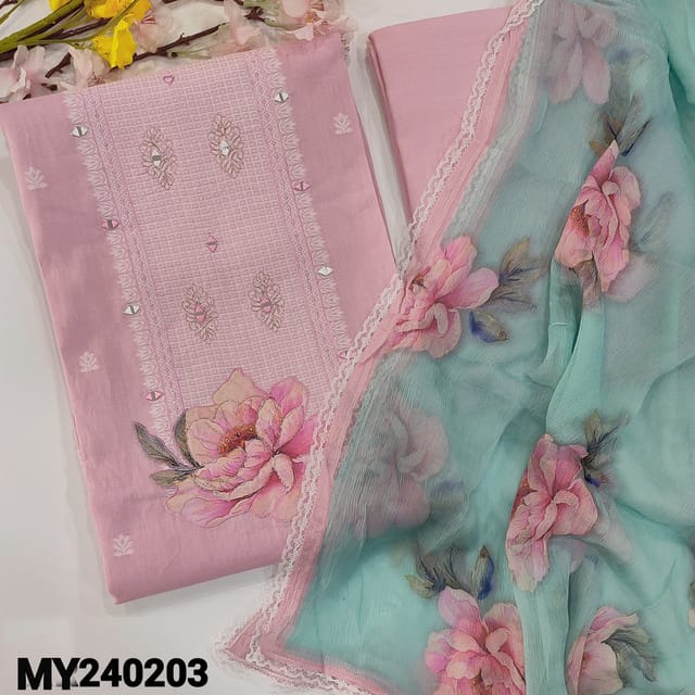 CODE MY240203 : Designer Pastel pink handloom cotton unstitched salwar material, jamdani weaving pattern with real mirror work on yoke(soft, lining needed)rich daman,matching santoon bottom, floral printed pure chiffon dupatta with lace tapings.