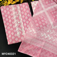CODE MY240321 : Baby pink cotton unstitched salwar material, contrast yoke with kota lace work & fancy buttons(lining optional)printed cotton bottom, printed cotton dupatta (REQUIRED TAPINGS).