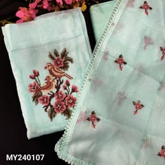 CODE MY240107 : Pastel blue kota cotton unstitched salwar material, cross stitch bird embroidery on yoke(thin, lining needed)fancy lace work on daman, matching soft spun cotton bottom, floral cross stitch embroidered kota fabric dupatta with lace tapings.