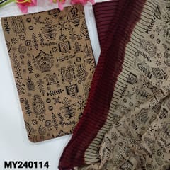 CODE MY240114 : Dark beige premium cotton unstitched salwar material, warli printed all over(lining optional)dark maroon striped cotton bottom, printed light beige pure chiffon dupatta(REQUIRED TAPINGS).