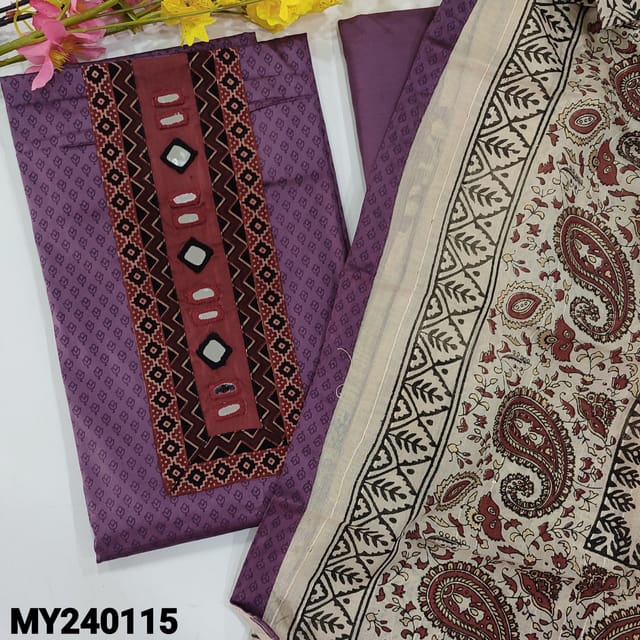 CODE MY240115 : Purple satin cotton unstitched salwar material, ajrak block printed yoke patch with thread&real mirror work, printed all over(lining optional)matching cotton bottom, block printed soft silk cotton dupatta with tapings.
