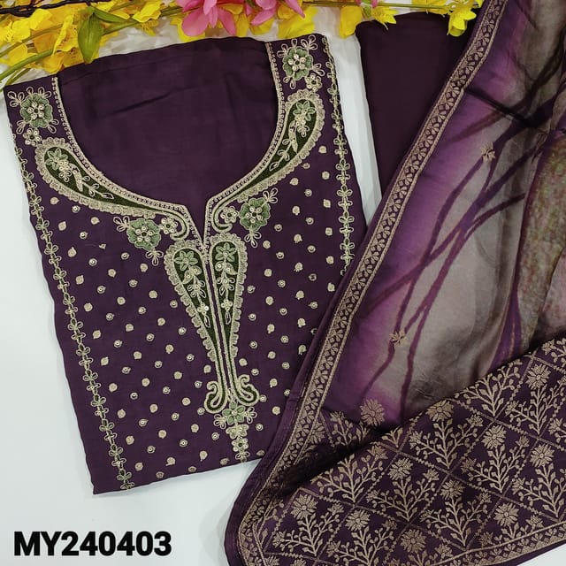 CODE MY240403 : Designer purple pure dola unstitched salwar material, rich work on yoke, sequins work on front(shiny, lining needed)lace tapings on daman, matching santoon bottom, digital abstract printed dola dupatta with rich pallu & zari borders.