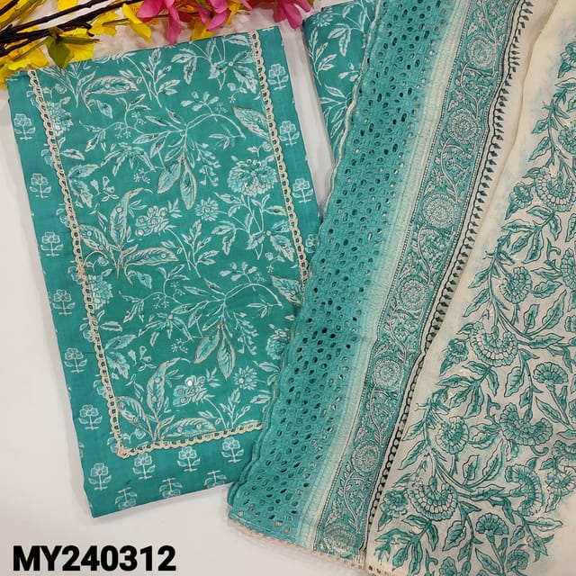 CODE MY240412 : Light teal blue pure cotton unstitched salwar material, floral printed yoke patch, floral printed all over(lining optional)lace work on daman, printed cotton bottom, premium block printed  mul cotton dupatta with cut work &lace tapings.