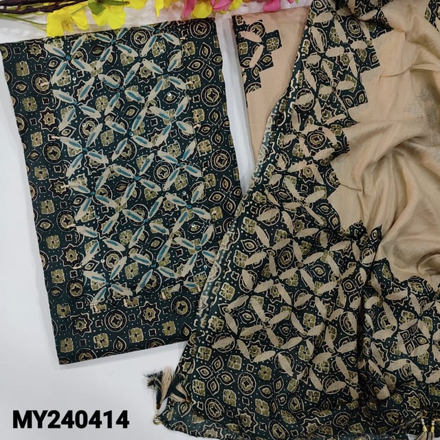 CODE MY240414 : Dark teal green satin cotton unstitched salwar material, applique print with thread &sequins work on yoke, ajrak printed all over(lining optional)printed pure cotton bottom, applique printed soft mul cotton dupatta with tapings.