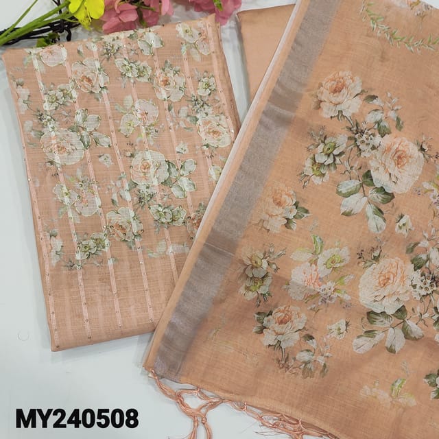 CODE MY240508 : Pastel peach linen cotton unstitched salwar material, floral print with thread& sequins work on yokea(thin, lining needed)vertical line with sequins work all over, matching silky bottom, floral printed linen dupatta with tassels.