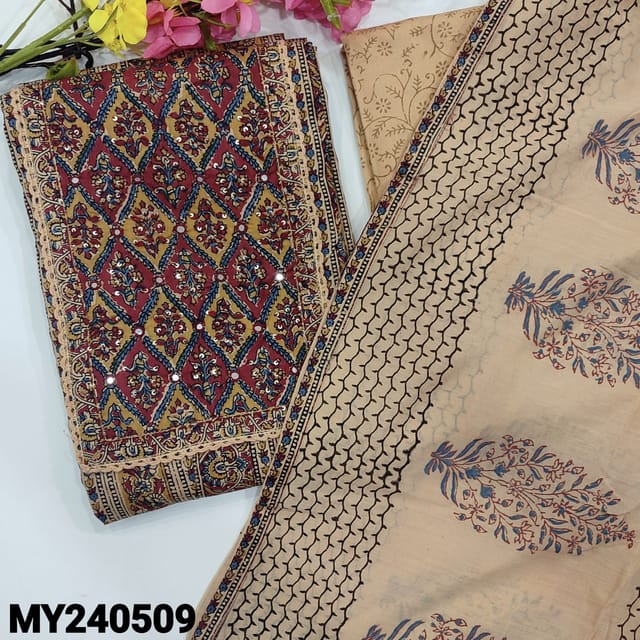 CODE MY240509 : Kalamkari printed pure cotton unstitched salwar material, yellow & dark maroon yoke with thread& sequins work(lining optional)block printed cotton bottom, block printed pure mul cotton dupatta with tapings.