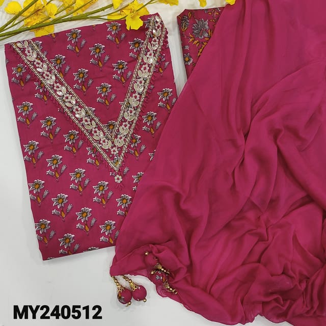 CODE MY240512 : Bright pink soft cotton unstitched salwar material, v neck with bead, zardozi& lace work, floral printed all over(lining optional)printed cotton bottom, plain chiffon dupatta with simple tassels.