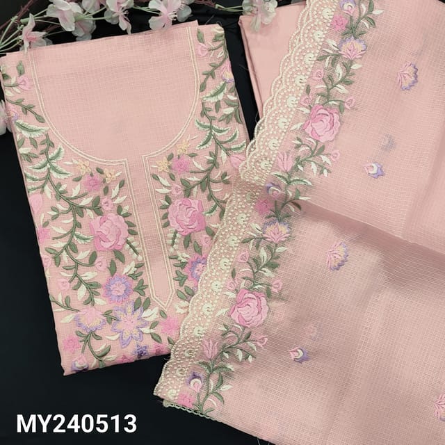 CODE MY240513 : Baby pink kota cotton unstitched salwar material, floral embroidered on yoke(thin, lining needed)matching spun cotton bottom, kota fabric dupatta with embroidered, lace tapings &cut work edges.