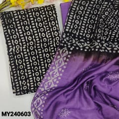 CODE MY240603 : Black silk cotton unstitched salwar material, original wax batik all over(thin, lining needed)violet original wax batik cotton bottom, dual shaded soft silk cotton dupatta with sequins work.