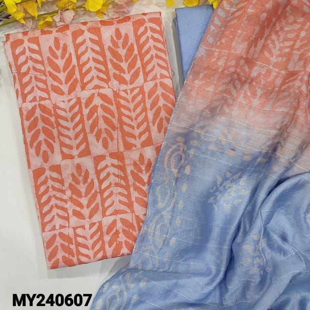 CODE MY240607 : Peach fancy silk cotton unstitched salwar material, original wax batik all over(thin, lining needed)powder blue original wax batik cotton bottom, dual shaded soft silk cotton dupatta with sequins work