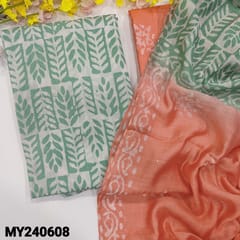 CODE MY240608 : Pastel green fancy silk cotton unstitched salwar material, original wax batik all over(thin, lining needed)peach original wax batik cotton bottom, dual shaded soft silk cotton dupatta with sequins work