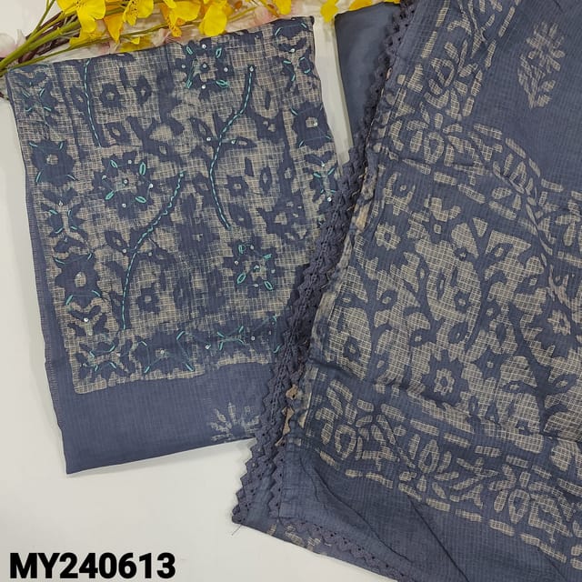 CODE MY240613 : Dark bluish grey pure kota cotton unstitched salwar material,yoke with original was batik with thread and sequins work(thin,lining needed) batik design all over, matching silky bottom, batik dyed pure kota dupatta with lace tapings..