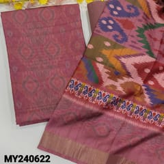 CODE my240622 : Purplish pink semi gicha unstitched salwar material, ikat printed all over(thin, lining needed)matching silk cotton bottom, multi color ikat printed soft silk cotton dupatta with gold tissue borders.