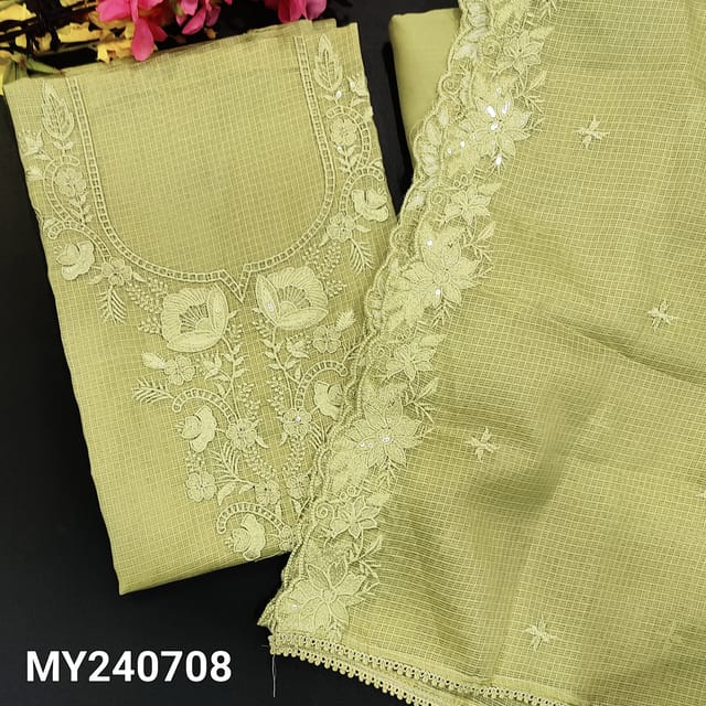 CODE MY240708 : Cardamom green kota unstitched salwar material, embroidered work on yoke(thin, lining needed)rich embroidered &cut work on daman, matching spun cotton bottom, kota dupatta with embroidered &cut work edges.