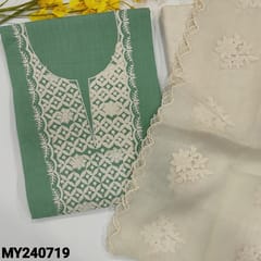 CODE MY240719 : Pastel green slub cotton unstitched salwar material, embroidery work on yoke(lining needed)jute flex cotton bottom, fancy kota dupatta with thread work &cut work edges.