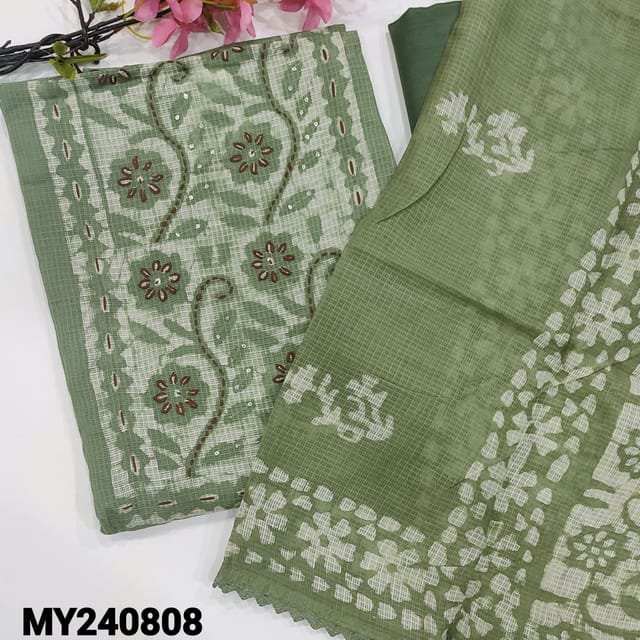 CODE MY240808 : Green pure kota cotton unstitched salwar material,yoke with original wax batik with thread and sequins work(thin,lining needed) batik design all over, lining provided, NO BOTTOM, batik dyed pure kota dupatta with lace tapings..