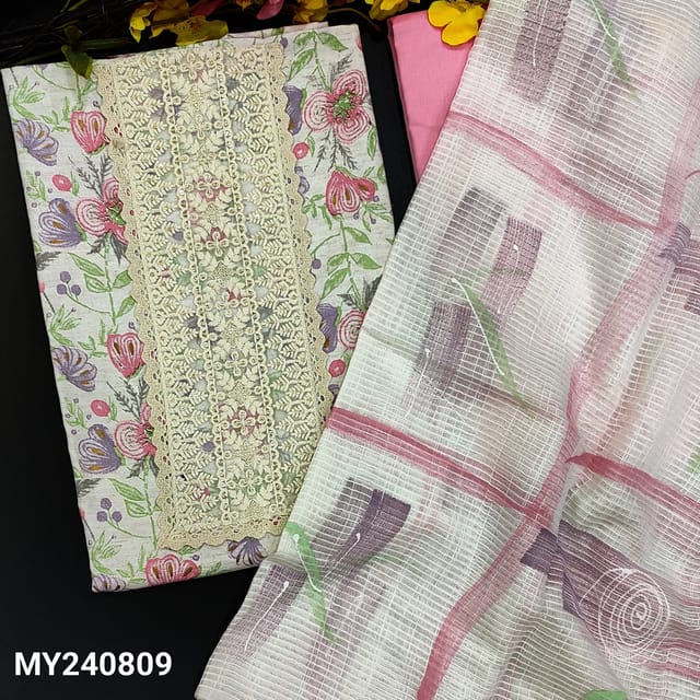 CODE MY240809 : Half white base spun cotton unstitched salwar material, embroidered on yoke, floral printed all over(lining optional)light pink cotton bottom, brush painted kota silk cotton dupatta with tapings.