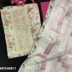 CODE MY240811 : Half white base spun cotton unstitched salwar material, embroidered on yoke, floral printed all over(lining optional)dark pink cotton bottom, brush painted kota silk cotton dupatta with tapings.