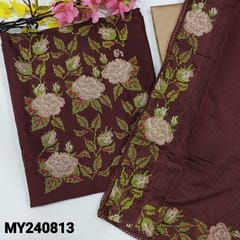 CODE MY240813 : Dark maroon fancy silk cotton unstitched salwar material, cross stitch embroidered on yoke(lining needed)beige silk cotton bottom, embroidered kota silk cotton dupatta with lace tapings.